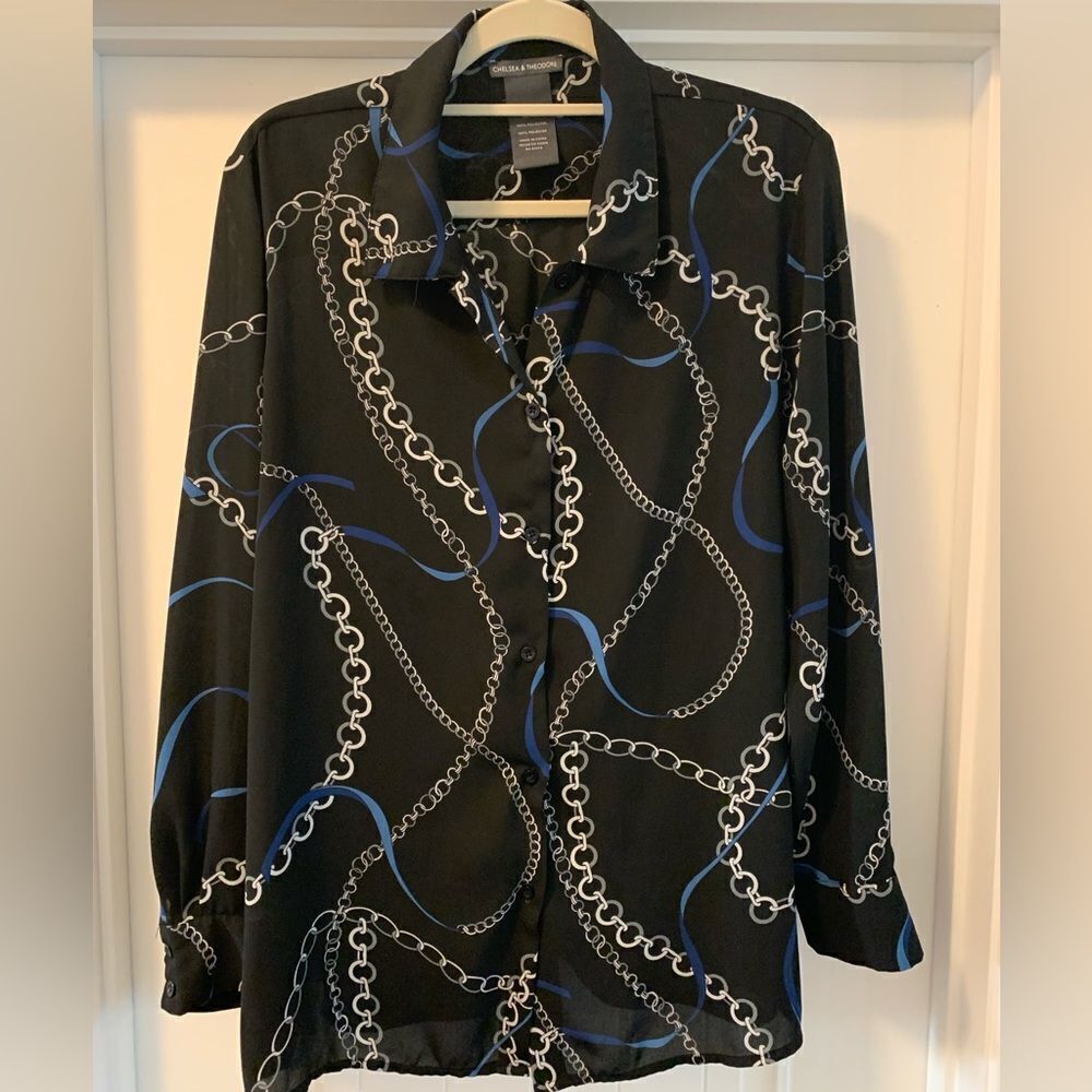 Chelsea & Theodore Navy Chain Link Chiffon Blouse Size XL